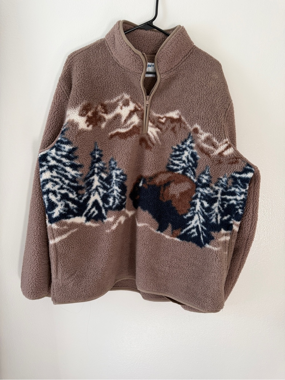 Old Navy Sherpa Quarter-Zip Sweater with Mountain & Buffalo Design